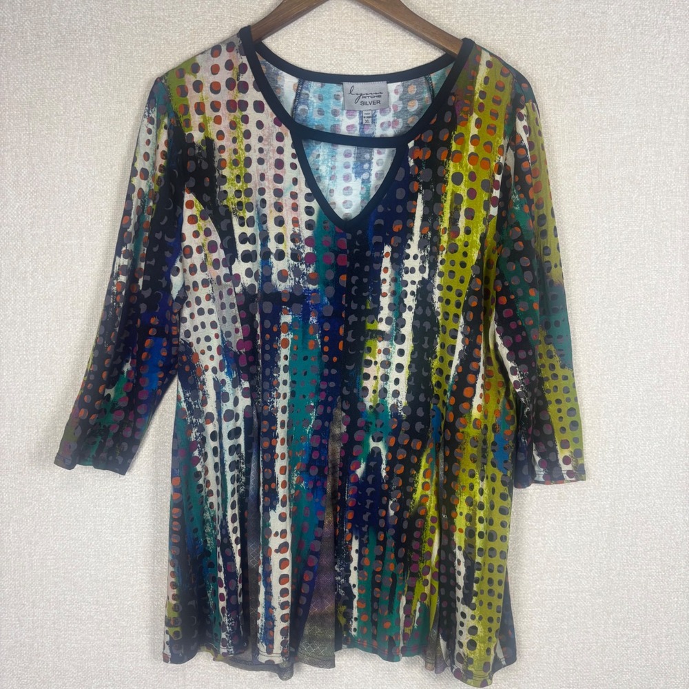 Lynn Ritchie Silver XL Abstract Polka Dot Tunic Top Multi-Color V-Neck Boho